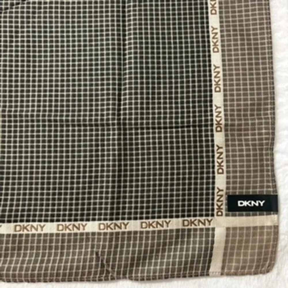 Vtg DKNY Scarf Handkerchief Grid Check Cotton Brown Black 18